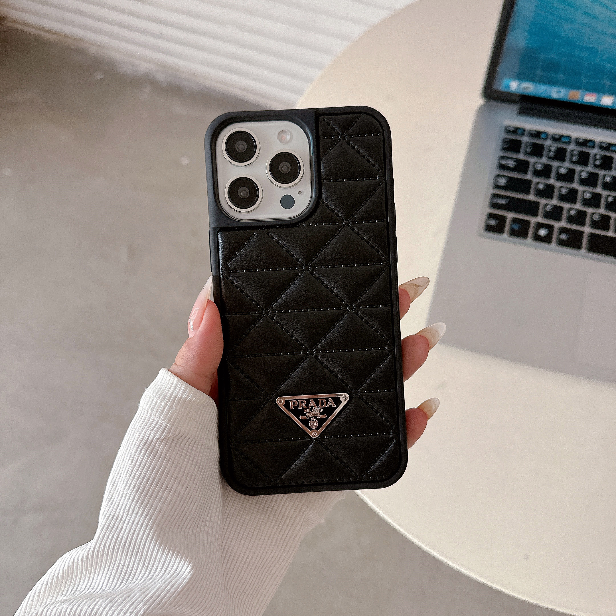 Prada Elegant Metal Monogram Diamond-Quilted Lambskim Leather Apple iPhone Case