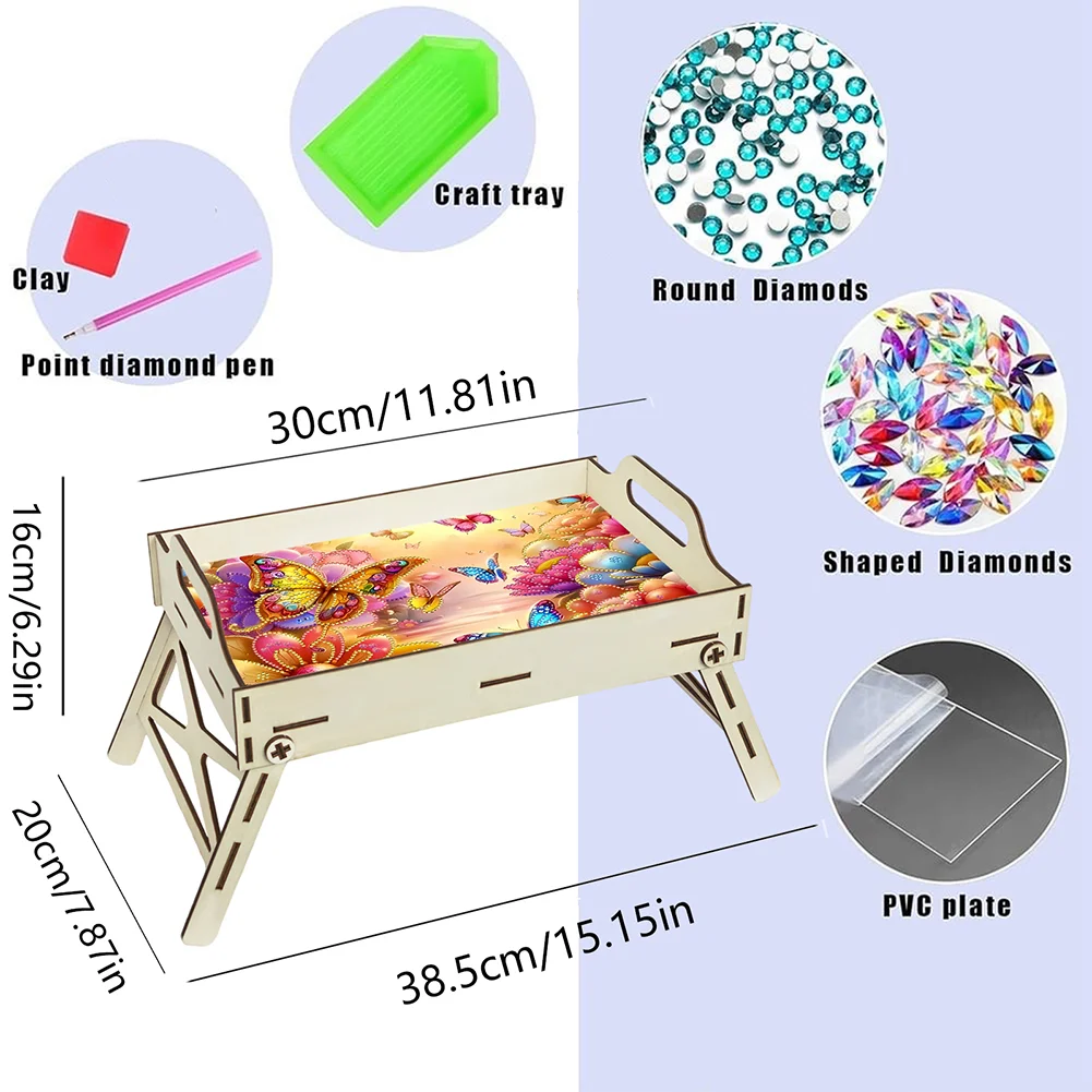 DIY Diamond Painted Dining Plate with Handle Wooden Food Tray Home Decor Gift