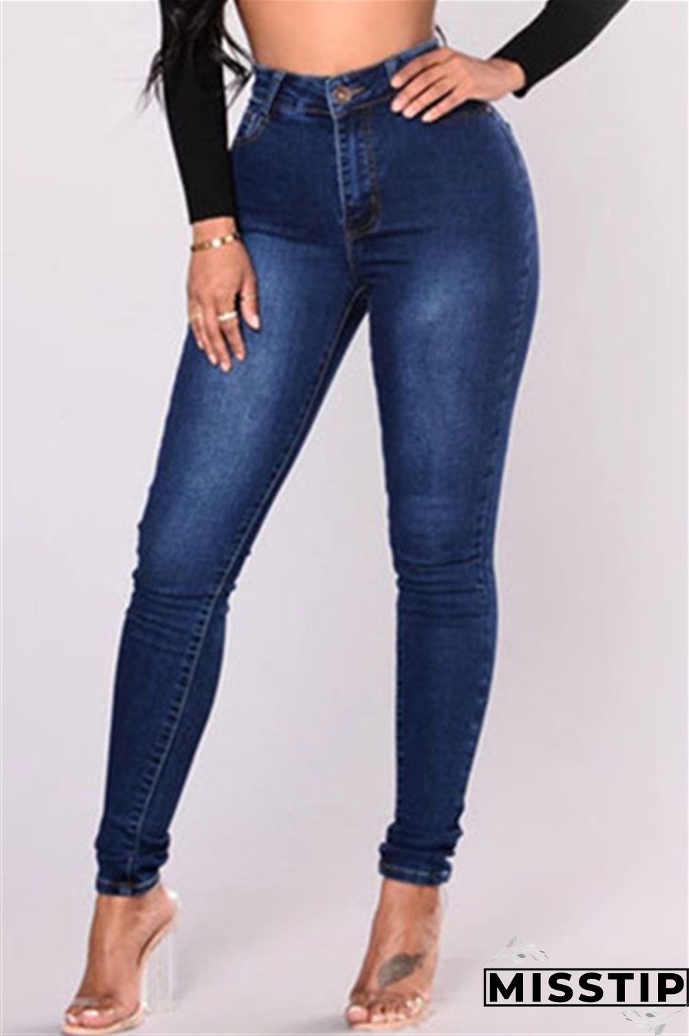 Deep Blue Fashion Casual Solid Basic High Waist Skinny Denim Jeans