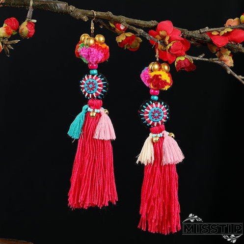 Retro national style contrast color pommel Earrings exaggerated personality Bohemian holiday long tassel temperament Earrings women