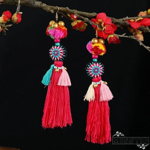 Retro national style contrast color pommel Earrings exaggerated personality Bohemian holiday long tassel temperament Earrings women