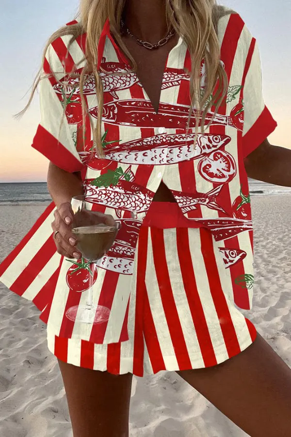 Striped Tomato Fish Print Loose Button Elastic Waist Shorts Set