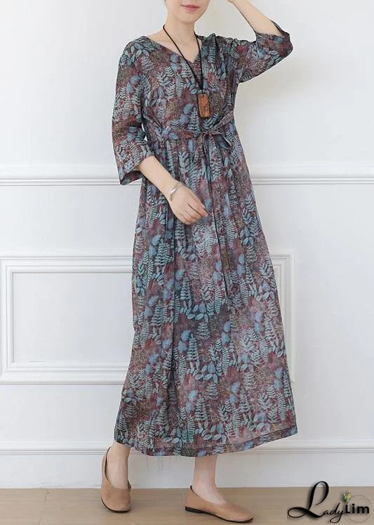 Casual Print Linen Dress V Neck Half Sleeve Spring Dress