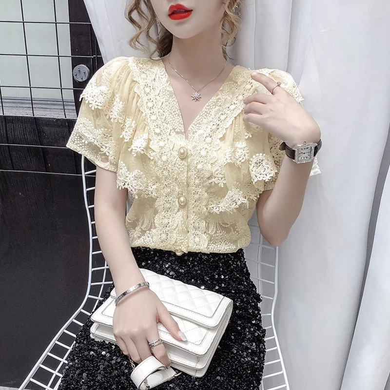 Summer V-neck Hollow Lace Women Tops 2021 New French Sexy Ruffle Stitching Shirt Female Short Sleeve Slim Crochet Blouse 14175