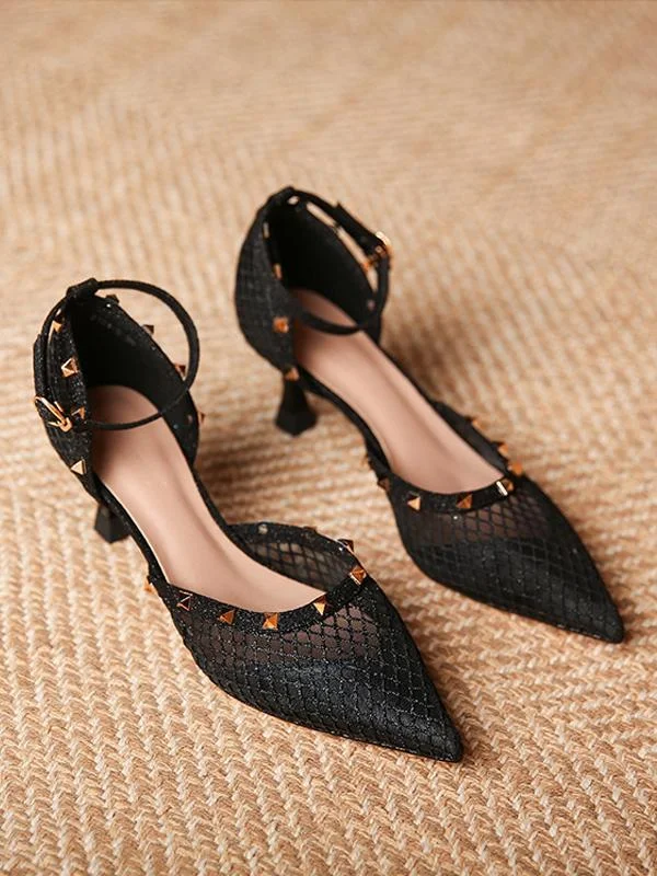 Fashion pointed toe comfortable breathable mesh stiletto rivet high-heeled shoes