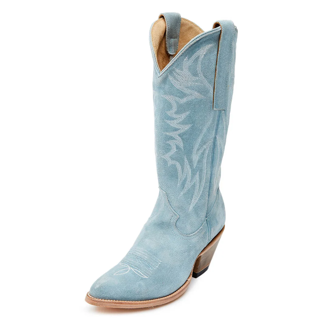 Light Blue Vegan Suede Chunky Heel Embroidered Cowboy Boots for Women