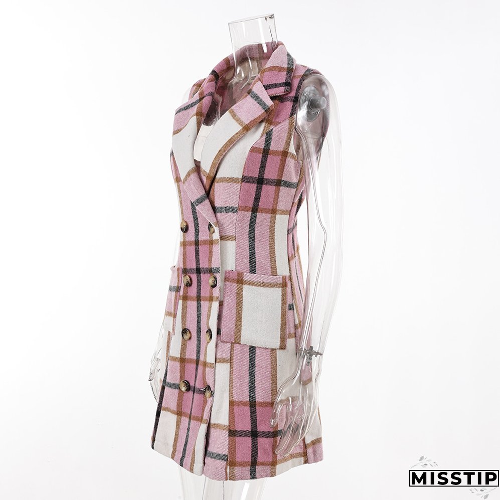 Women's Fashion Plaid Long Vest Turndown Collar Sleeveless Blazer