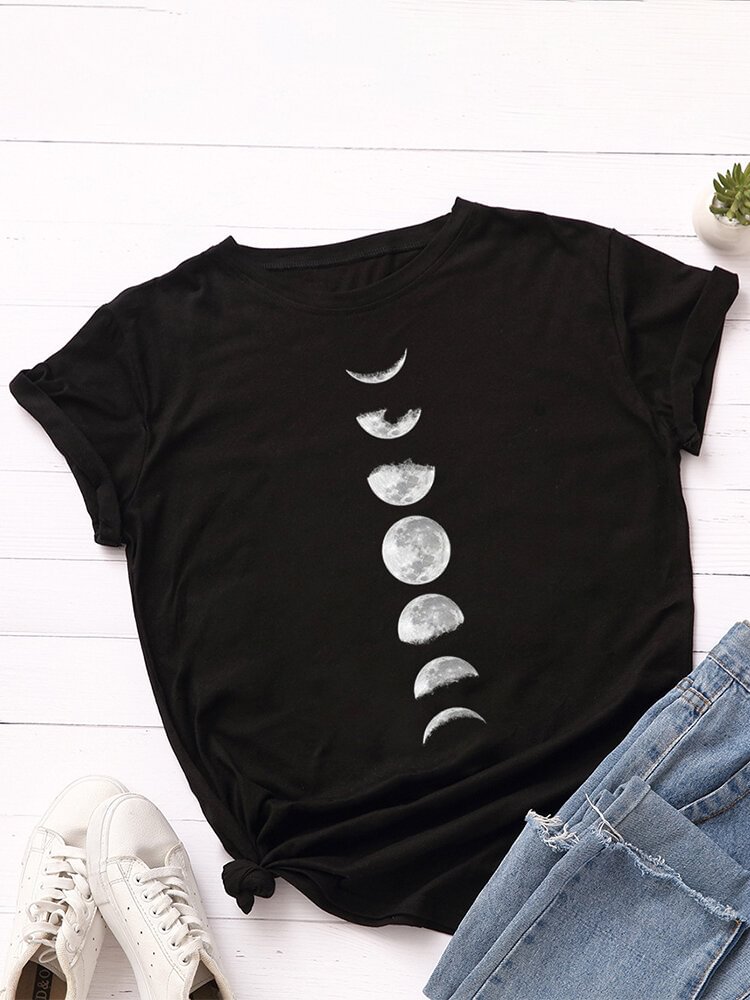 Moon Print Short Sleeve O neck Loose Casual T Shirt For Women P1800263