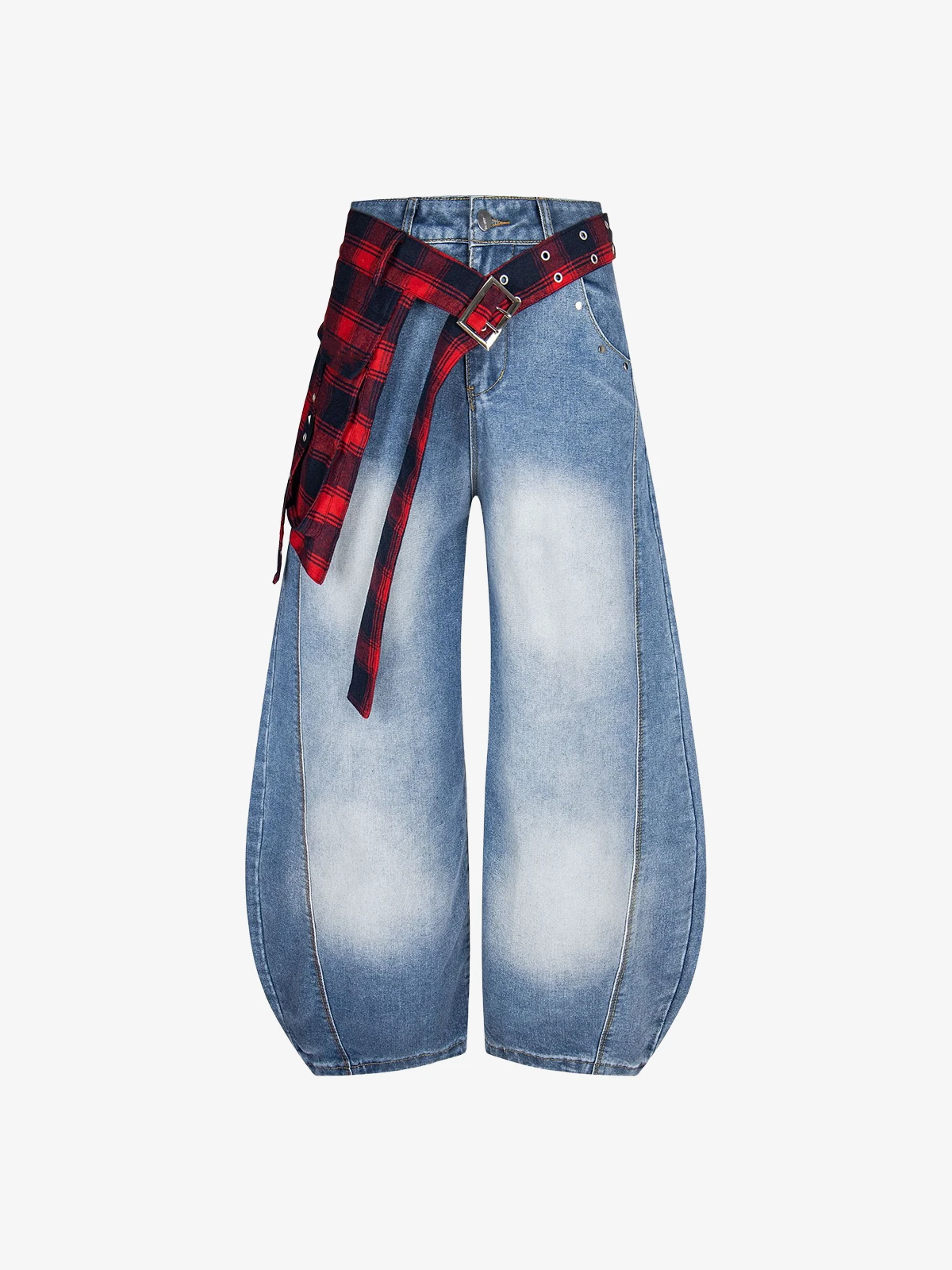 Blue Act Chic Plaid Patchwork Washed Baggy Jeans Front