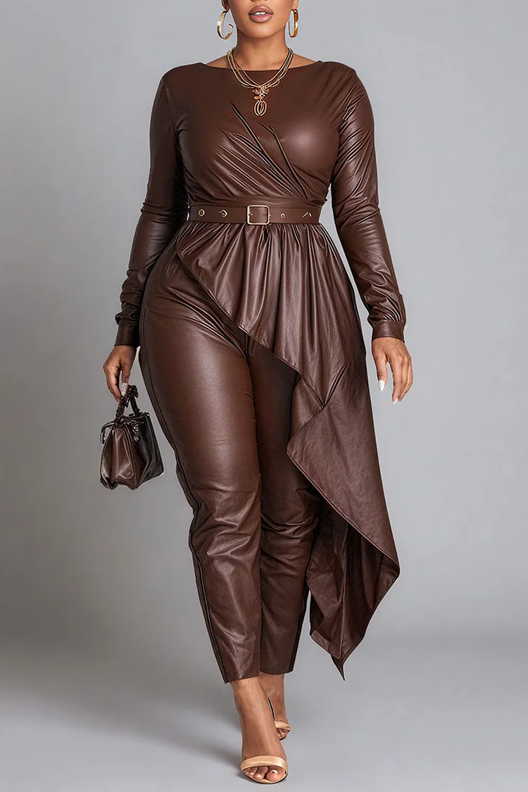 Xpluswear Design Plus Size Business Casual Brown Round Neck Long Sleeve Asymmetric Hem Casual Wrap PU Leather Two Piece Pant Sets
