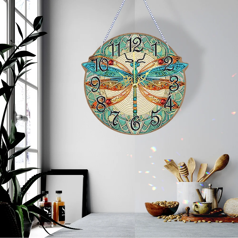 DIY Dragonfly Single-Side Wooden Special Shaped Diamond Painting Clock Art Craft Decor