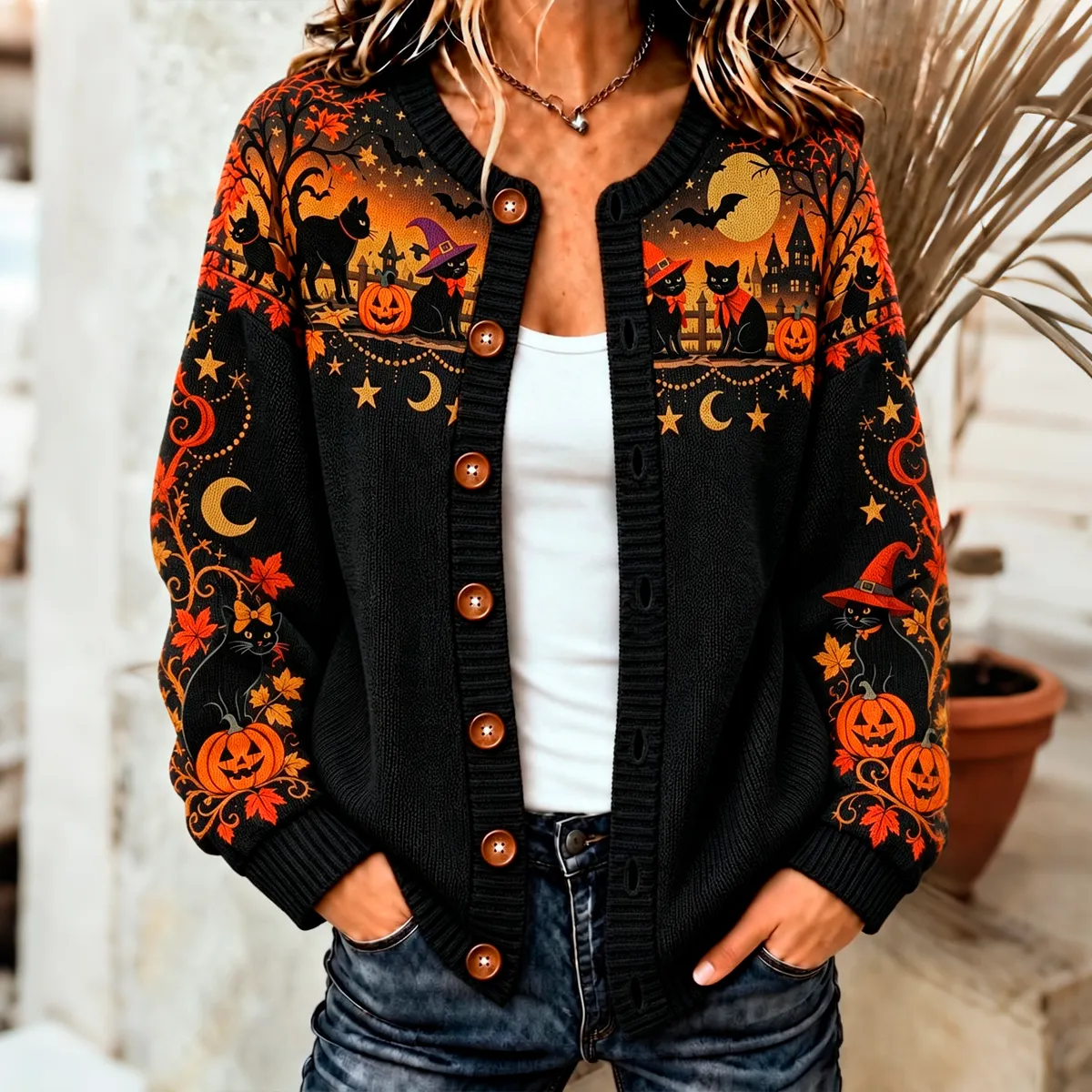 Comstylish Women's Halloween Black Cat And Pumpkin Art Pattern Knit Cardigan