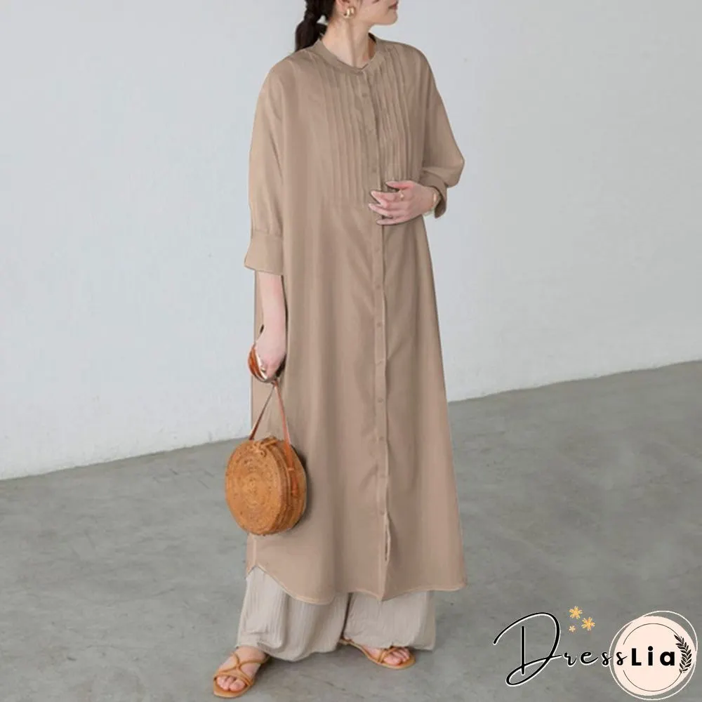 Ladies Spring Casual Kaftan Solid Sleeve Holiday Loose Top Pleated Long Dress Plus Size