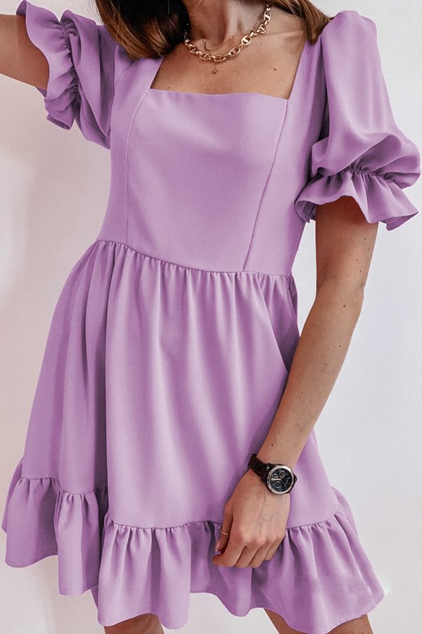 Ruffle Stitching Short-sleeved Square-neck Solid Color Dress