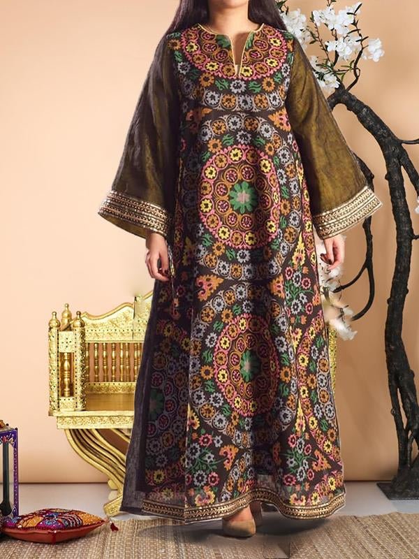 Bohemia style pattern printed maxi dress فساتين