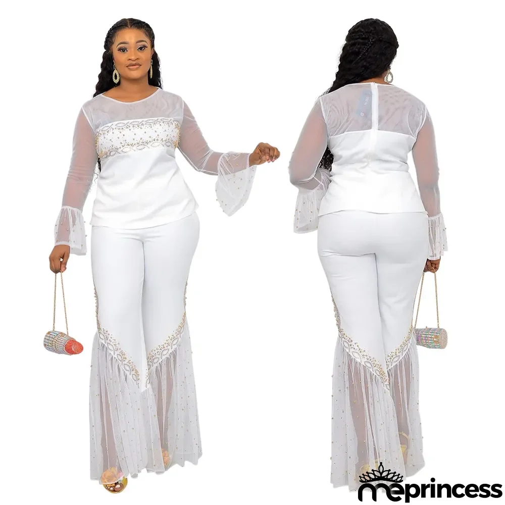 Round Neck Mesh Long Sleeve Top Loose Wide Leg Pants Beaded Casual Two-Piece Women's Set