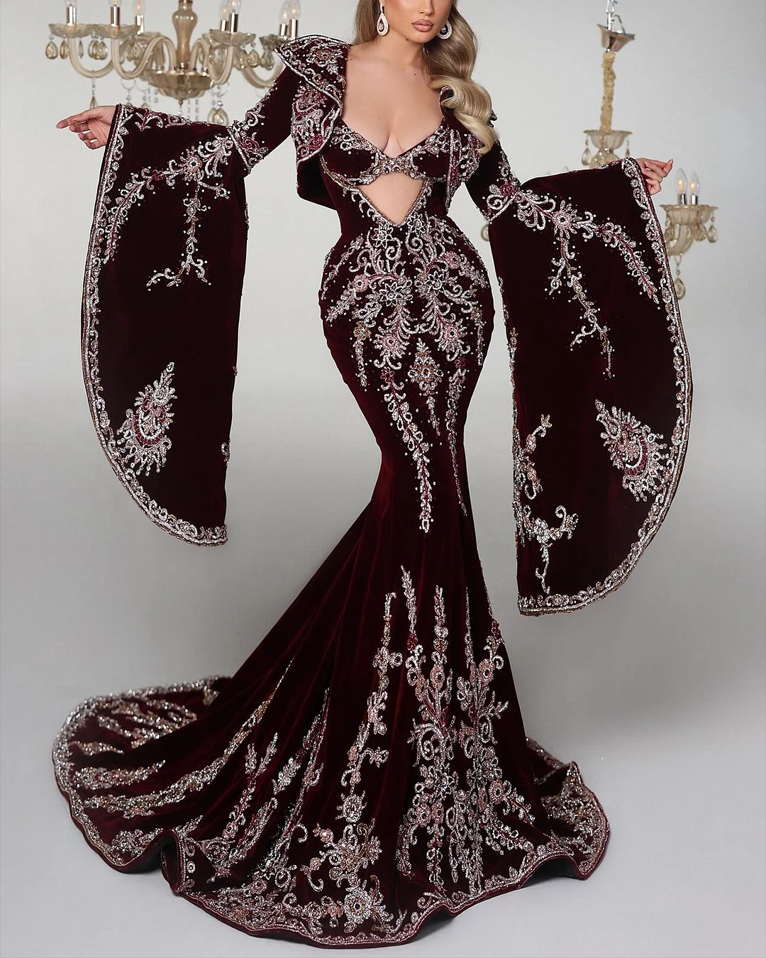 Women's Bell Sleeve Embroidered Velvet Party Dress