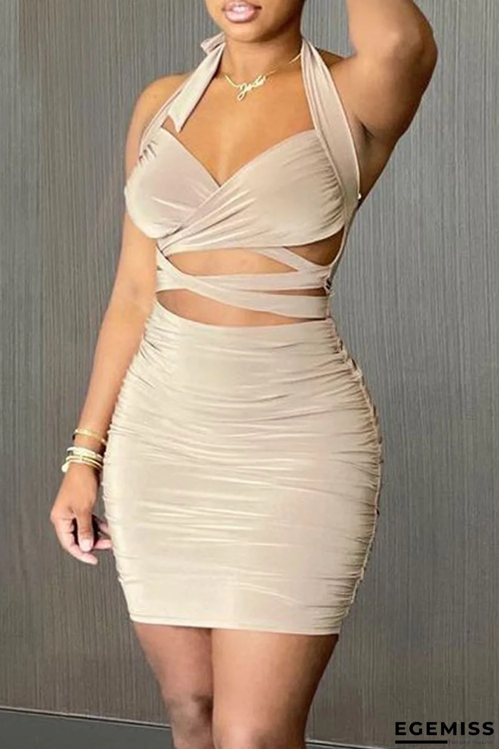 Apricot Fashion Sexy Solid Hollowed Out Backless Halter Sleeveless Dress | EGEMISS
