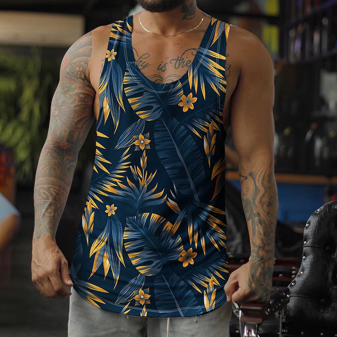 Men's Casual Tropical Leaf Print Vest Seaside Beach Breathable Vest、、URBENIE