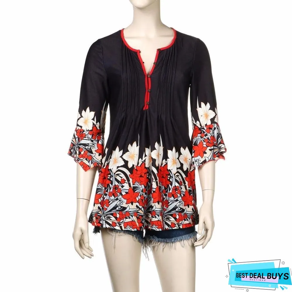 Women Plus Size Three Quarter Sleeve Floral Print Causal Loose Tunic Blouse Shirts