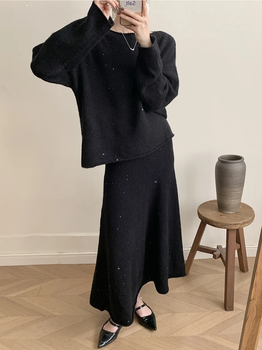 Athvotar Athvotar New Lazy Wind Loose Top + Fishtail Dress Set Women's Round Collar Knitting Set Bright