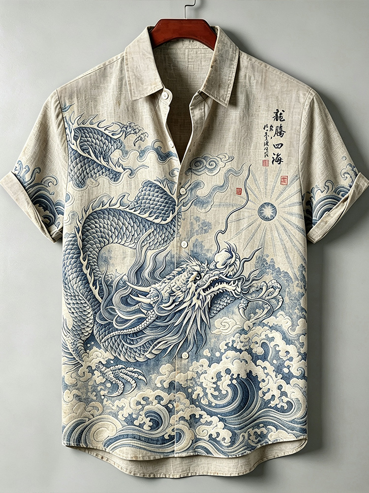 Men's Vintage Blue White Wave Print Japanese Ukiyo-e Dragon Shirt  artssus