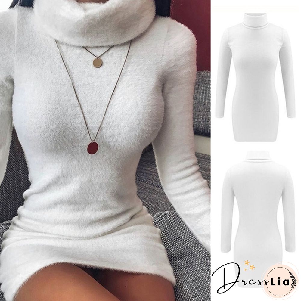 Fall/Winter Fashion Turtleneck High Collor Dresses Solid Color Bodycon Mini Casual Pullover Dresses