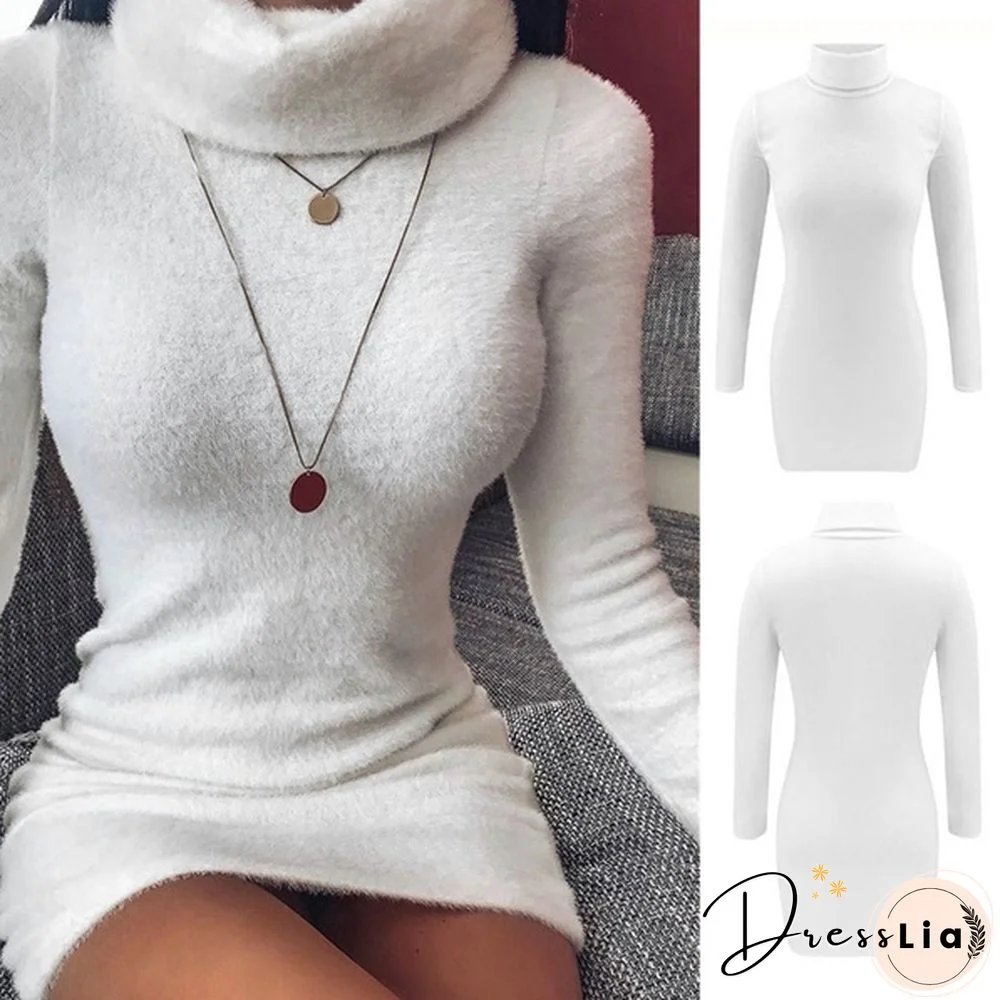 Fall/Winter Fashion Turtleneck High Collor Dresses Solid Color Bodycon Mini Casual Pullover Dresses