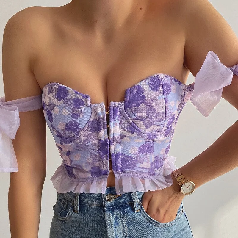 Billlnai 2023 Graduation party  Purple Crop Top Women Floral Print Y2k Fashion 2023 Summer New Bow Off The Shoulder Sexy Blouse Camisole Tank Top Women Clothing