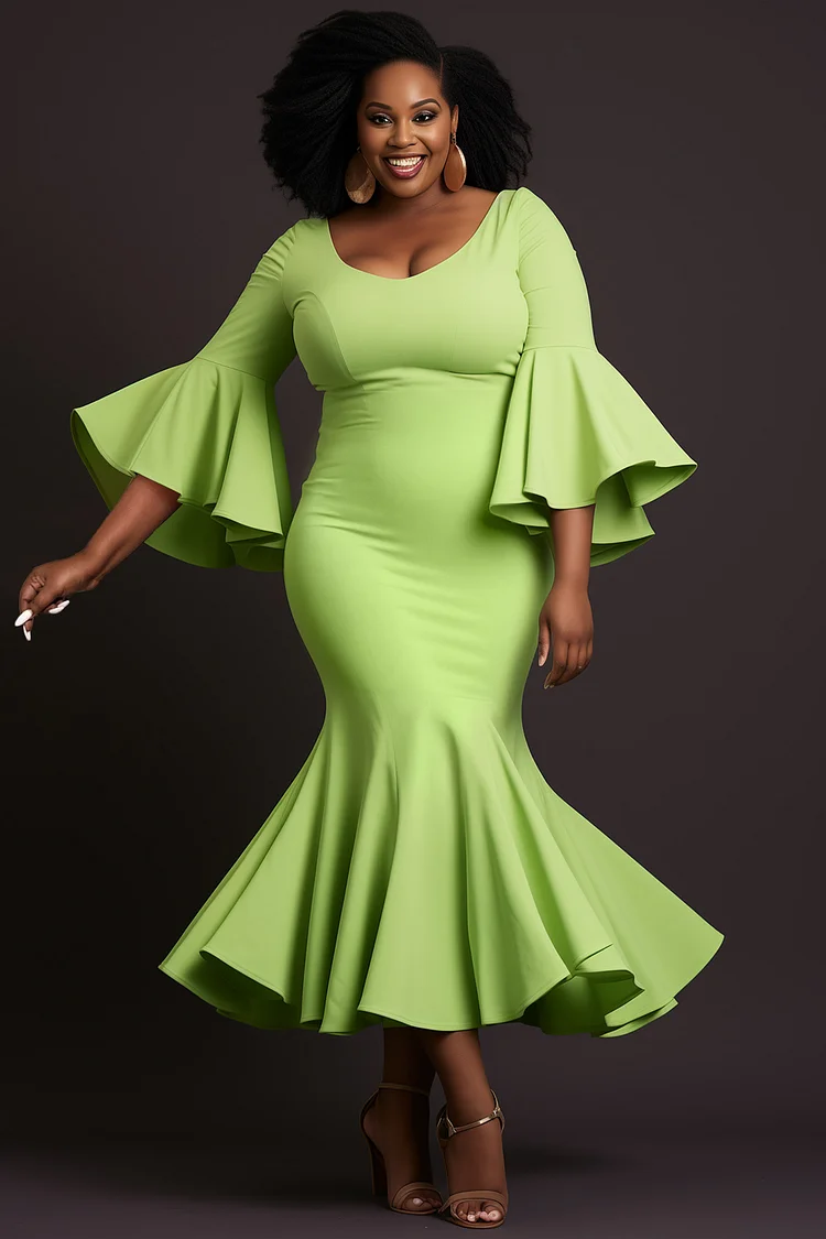 Xpluswear Design Plus Size Cocktail Party Green Elegant Round Neck Flare 3/4 Sleeve Mermaid Ruffle Midi Dresses [Pre-Order] 2024 - Xpluswear