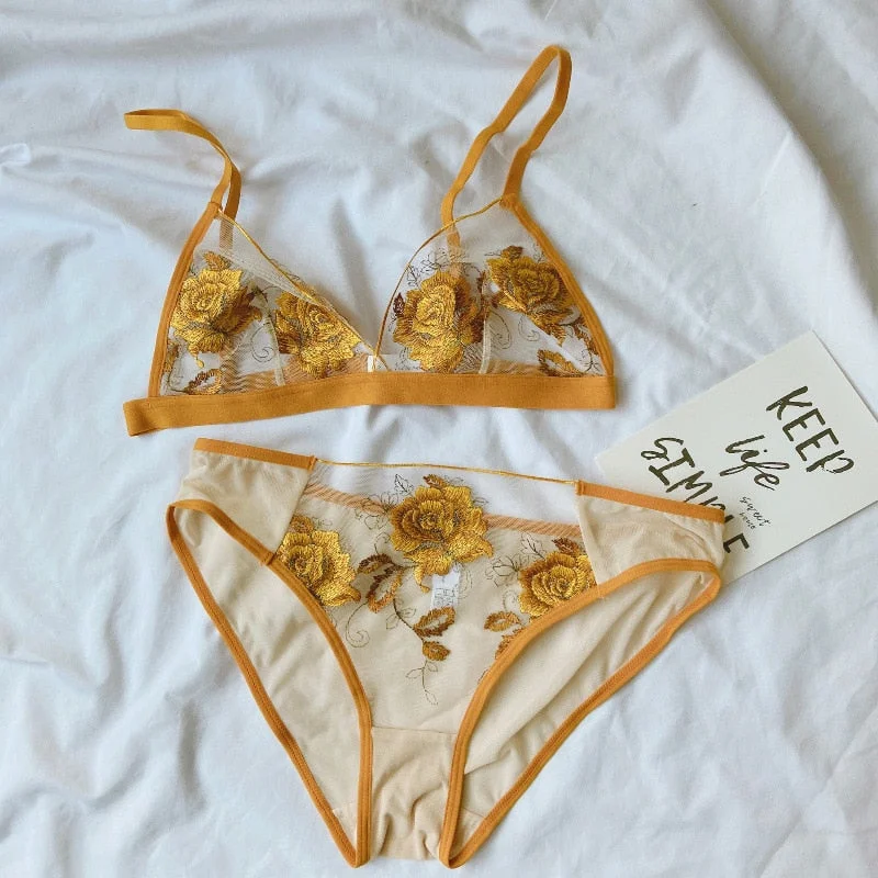 Ultra-thin embroidered underwear sets style no steel ring bra panties suit lightweight summer small single-layer bralette
