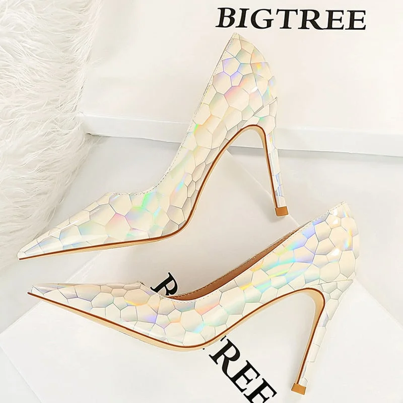 BIGTREE Shoes New Patent Leather Woman Pumps Metal Stone Pattern High Heels Designer Women Heels Stiletto Female Pumps Size 43