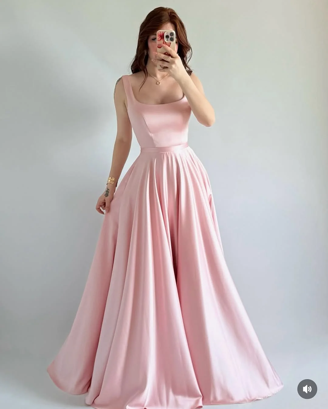 Elegant Pink Satin A-Line Sleeveless Square Prom Dress YK0216