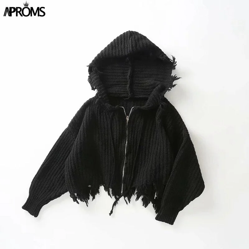 Aproms Casual Tassel Hooded Knitted Sweater Women Zipper Loose Cropped Cardigans 2022 Winter Coat Cool Gilrs Streetwear Jumper