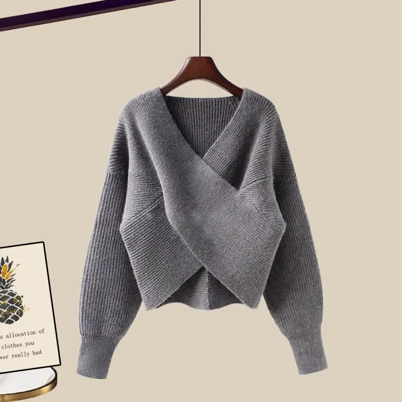 Pure Color Cross Knit Sweater Dress Two Pieces Set