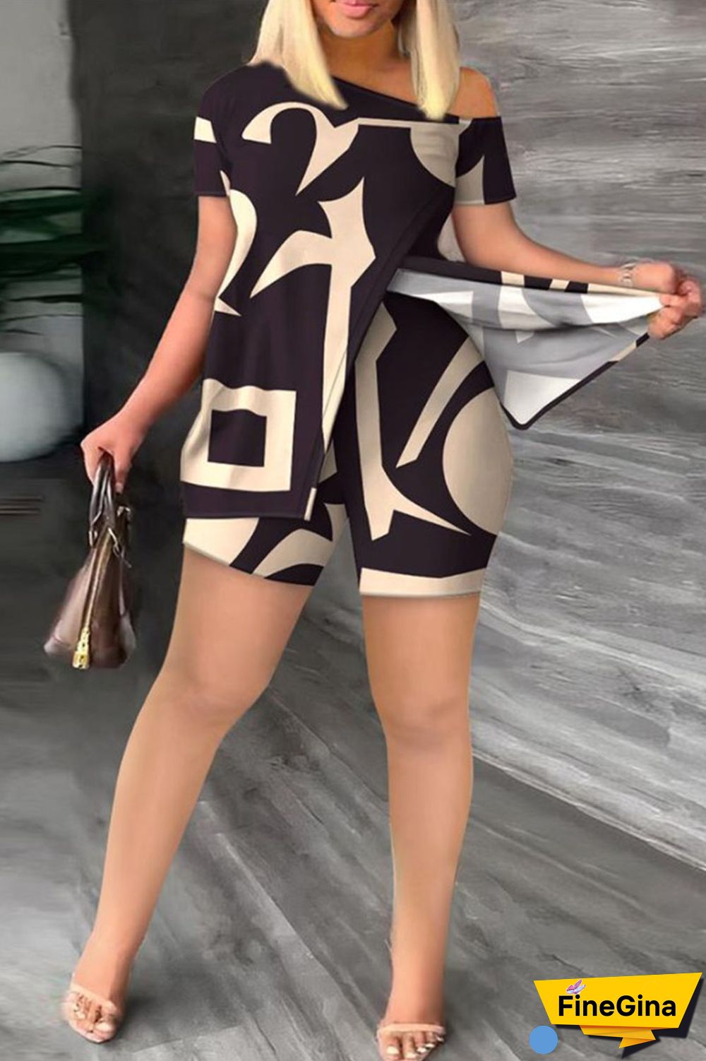 Colour Casual Work Street Print Patchwork Slit Oblique Collar Short Sleeve Two Pieces