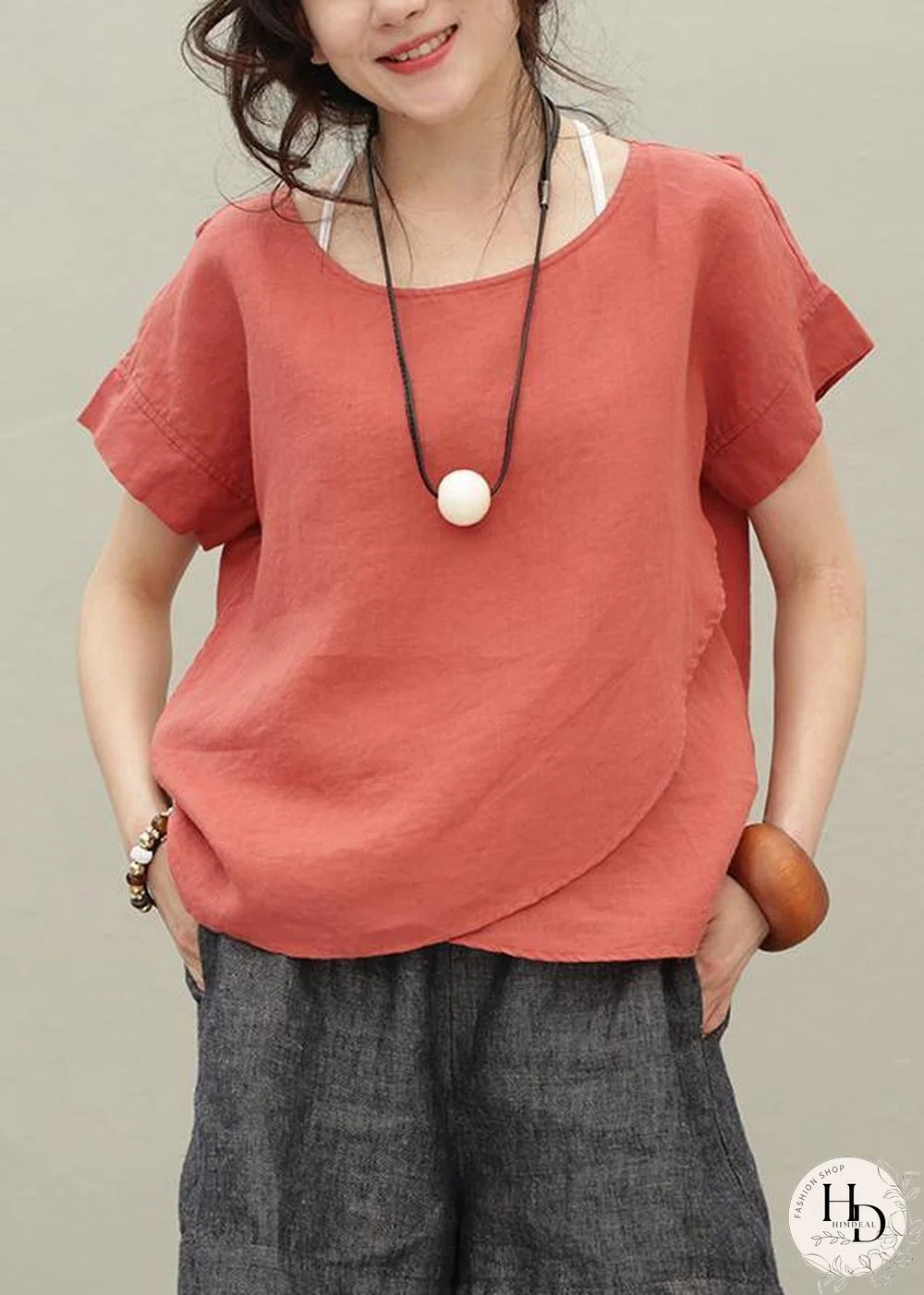 DIY o neck asymmetric linen summer shirts Work Outfits red tops
