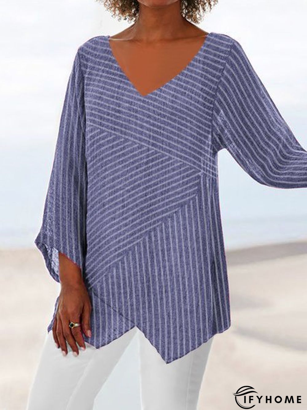 Striped Long Sleeve V Neck Cotton-Blend Tops | IFYHOME