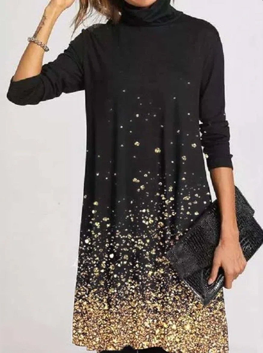 Casual Print High Neck Long Sleeves Shift Dress Black Dresses