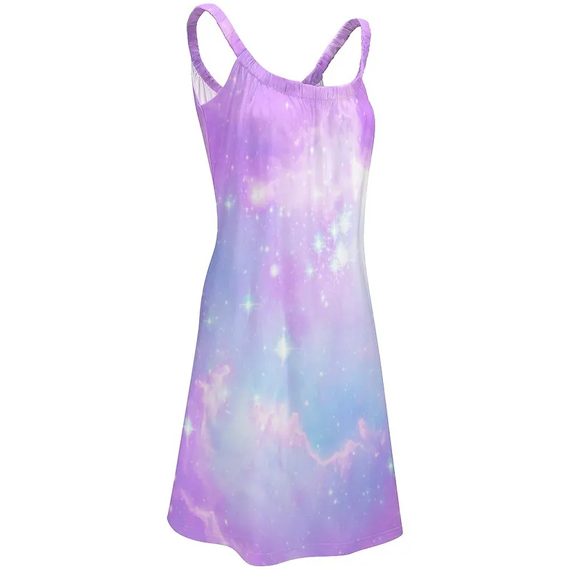 SFNEEWHO Pastel Pink Galaxy Summer Hawaiian Beach Retro Dresses Casual Sling Sleeveless Printed Knee Length Dress
