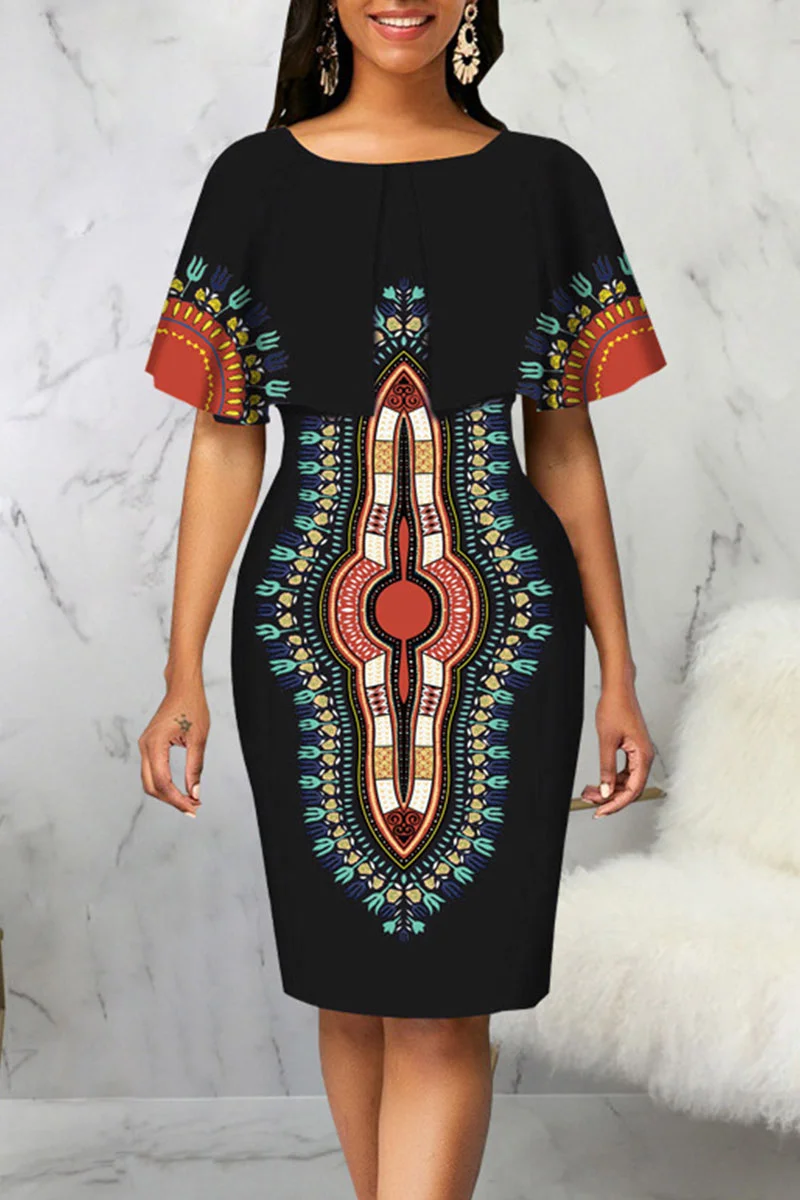 Black Casual College Print Patchwork O Neck One Step Skirt Dresses