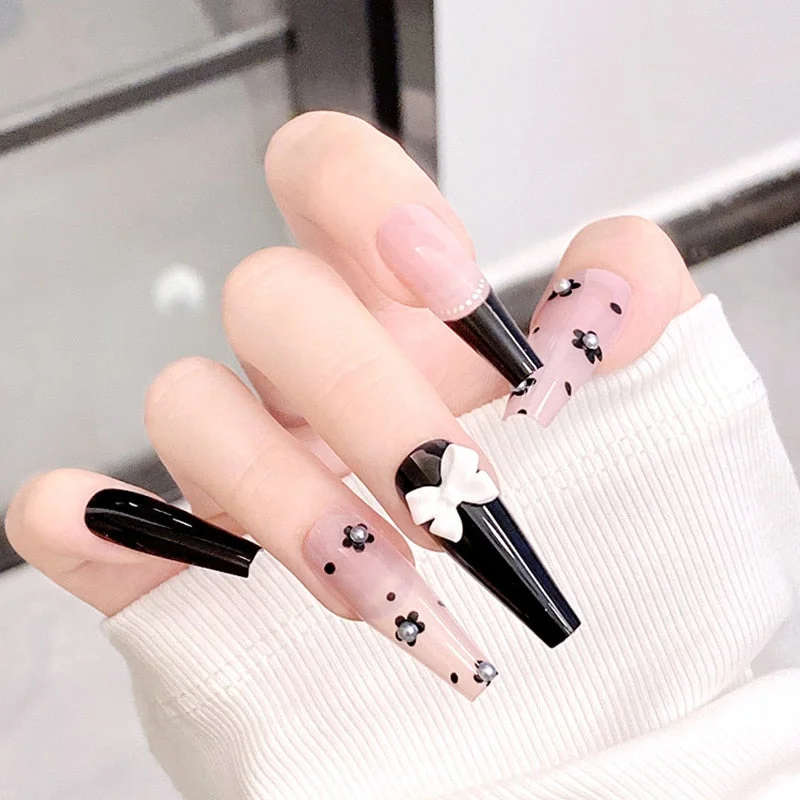 24pcs/set Press on Nail Tips Acrylic 10 Sizes Flower Design Fake Nails Art Full Cover French False Nail Art Tips Artifical Nails-Nail Inspo