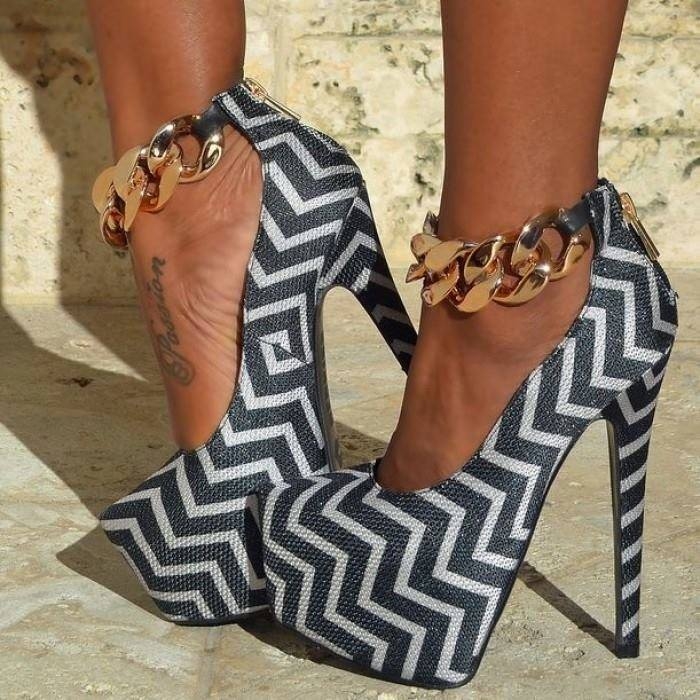 Grey and White Stripe Closed Toe Stiletto Heel Ankle Strap Pumps Nicepairs