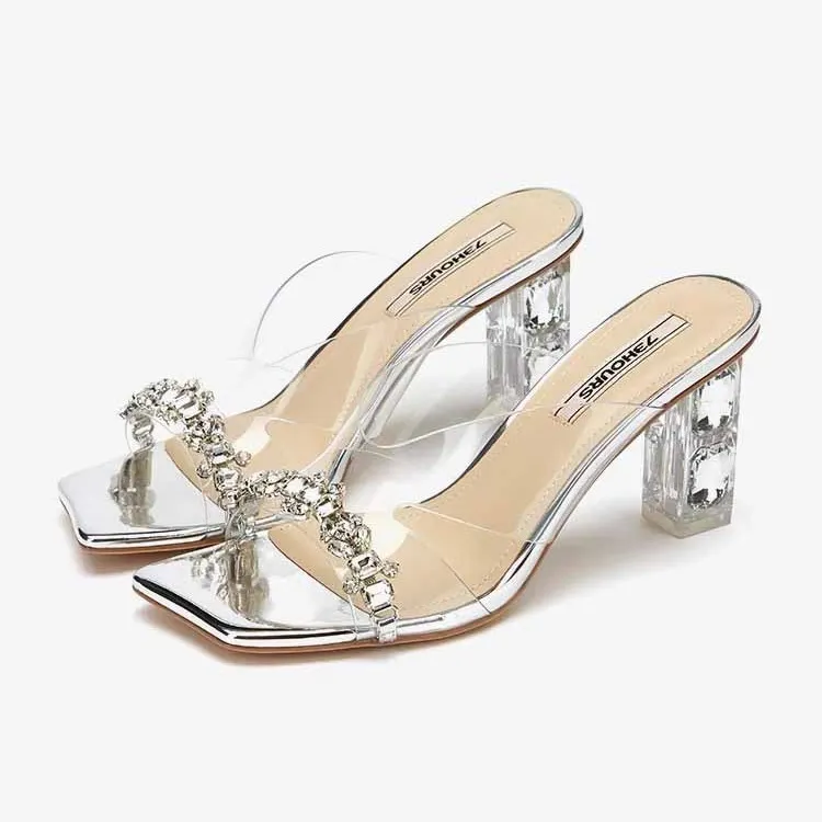 Breakj Breakj Heel Wearing Cold Slippers Women 2025 Summer Fashion Transparent Water Drill Temperament With High Heels Do Not Tired Feet
