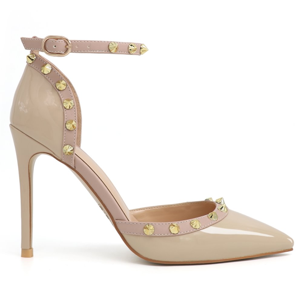 100mm Womens Pointed Toe Pumps Golden Point Rivets Ankle Strap Sandals-vocosishoes