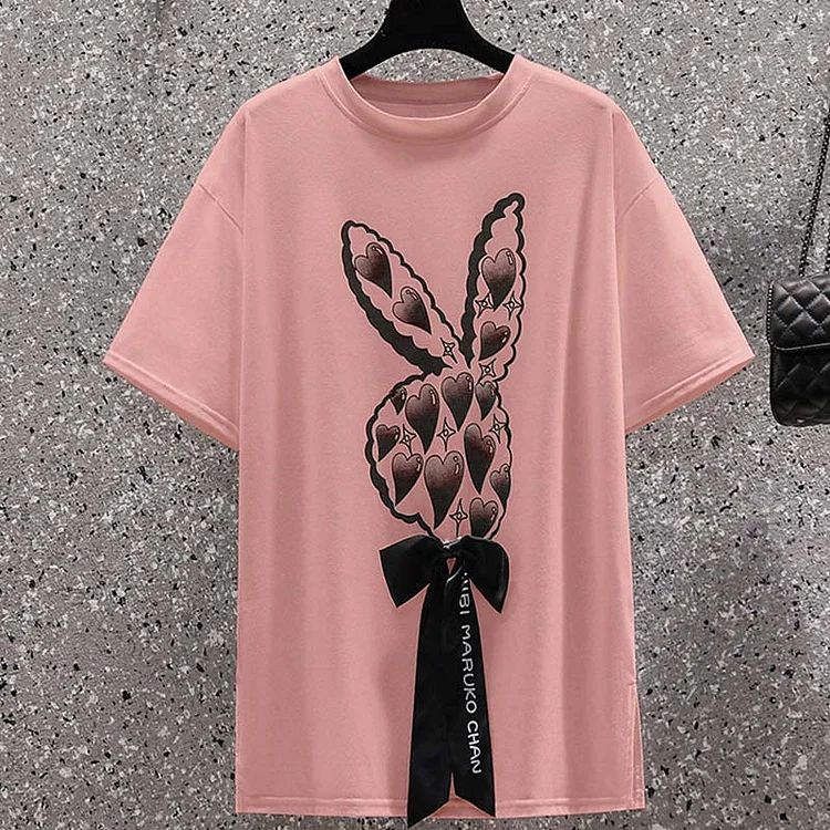 Love Heart Bunny Ears Print Bow Knot Loose T-Shirt - Modakawa Modakawa