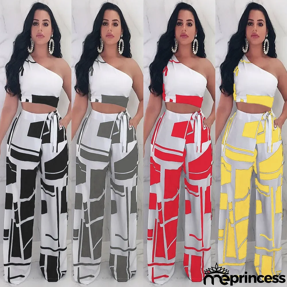 Women Off Shoulder Crop Top And Lace-Up Pant Two Piece