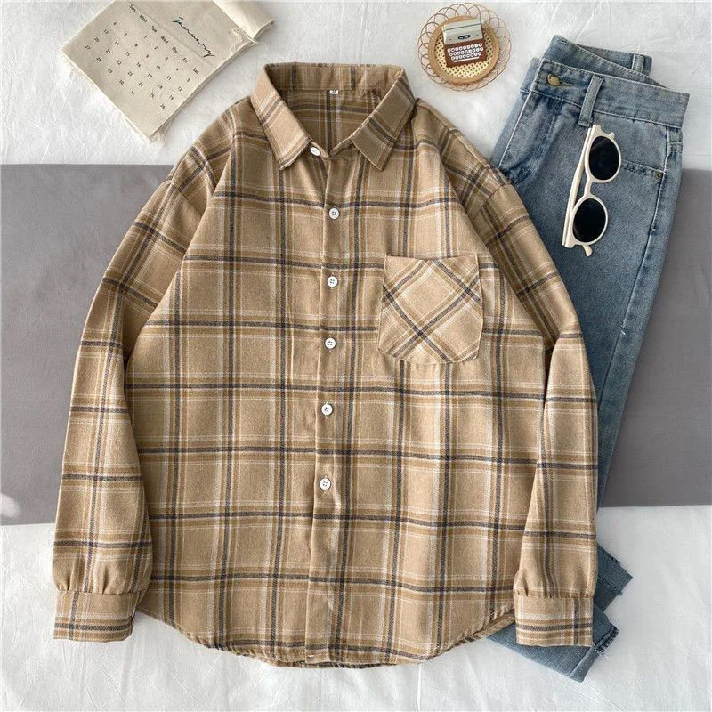 Applyw Autumn New Plaid Shirt Women Korean Style Loose Long Sleeves Buttons Up Blouse Ladies Retro Simple Casual Outwear Tops