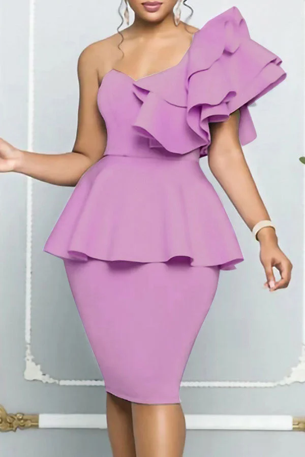 Solid Color One Shoulder Tiered Sleeve Girly Peplum Midi Dress