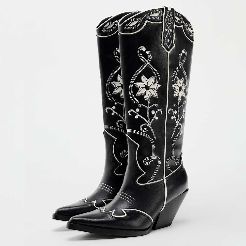 Black & White Pointed Toe Chunky Heel Floral Embroidered Cowgirl Boots